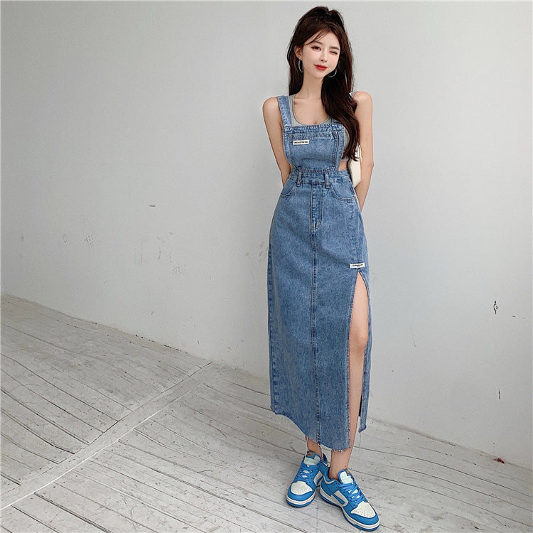 Trendy Label Strap Split Retro Hong Kong Style Raw Edge Denim Skirt