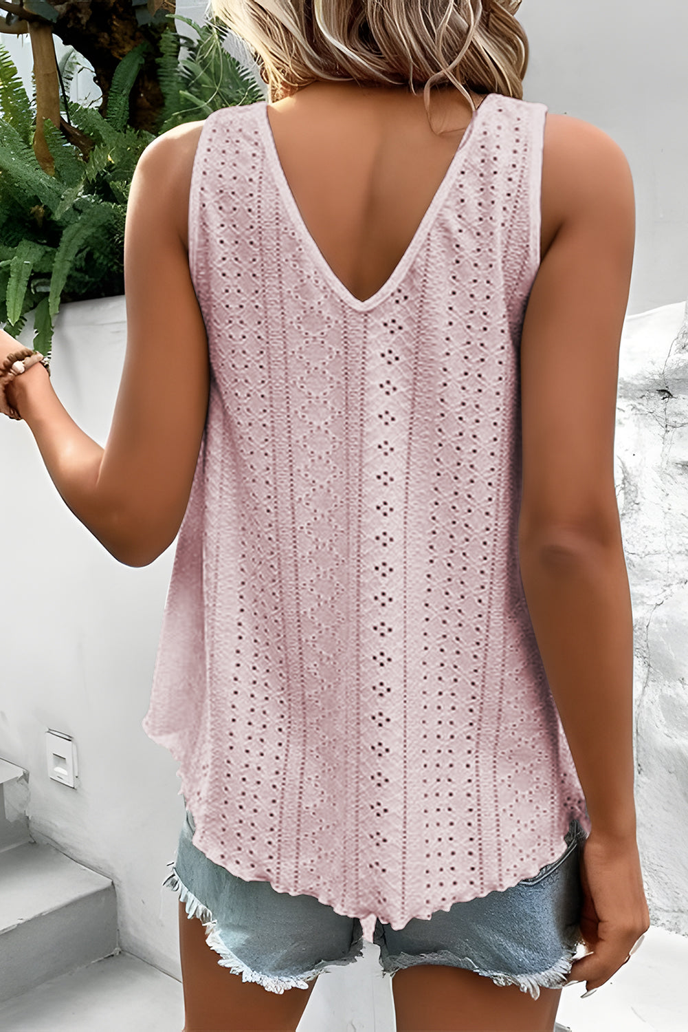 Camiseta sin mangas holgada con cuello en V y empalme de crochet de encaje rosa albaricoque