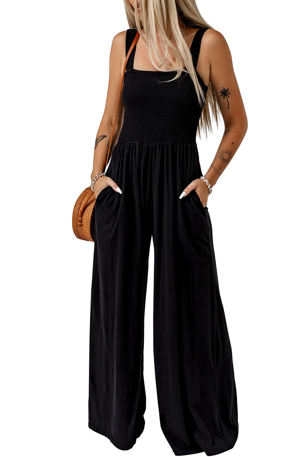 Black Smocked Sleeveless Wide Leg Jumpsuit with Pockets