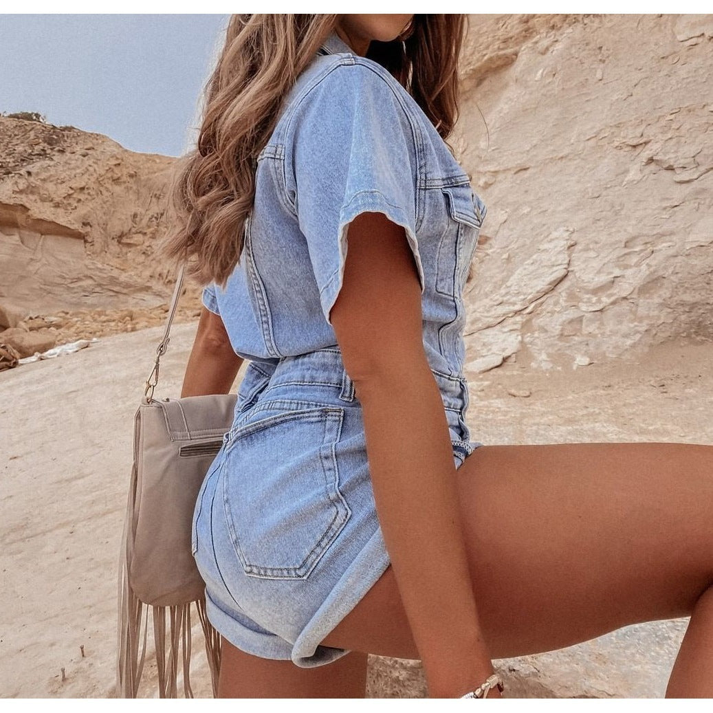 Women's Net Red Wind Loose Retro Denim Jumpsuit One-piece Shorts