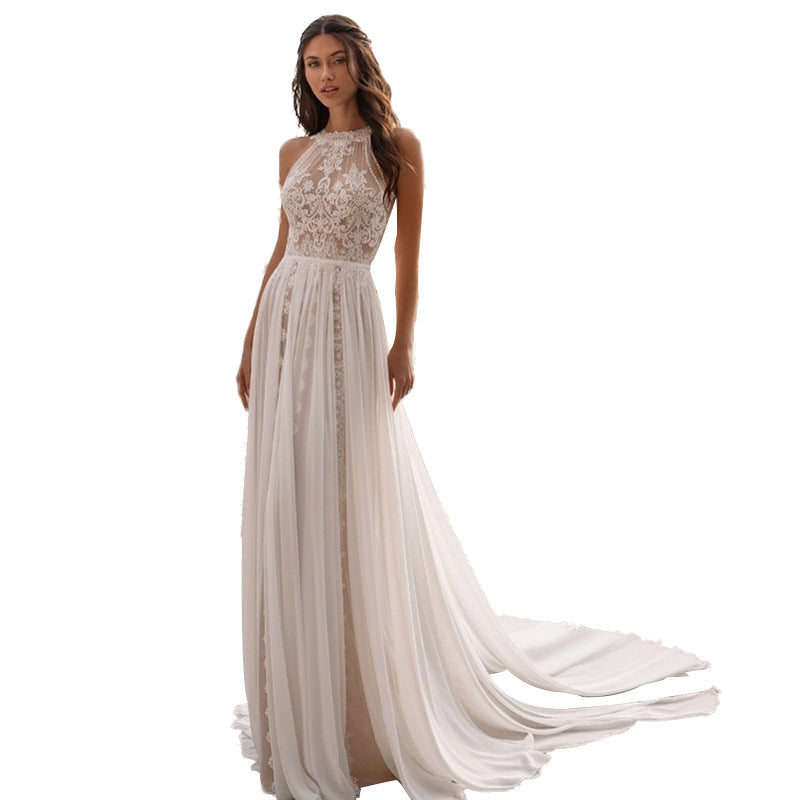 Bridal Elegant Lace Wedding Dress Halter Party Evening Dress