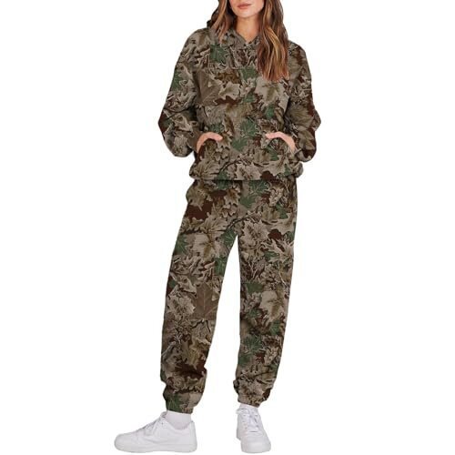 Women's 3 Camouflage Leaves Sports Hooded Long Sleeve Sweatshirt And Sweatpants Sets