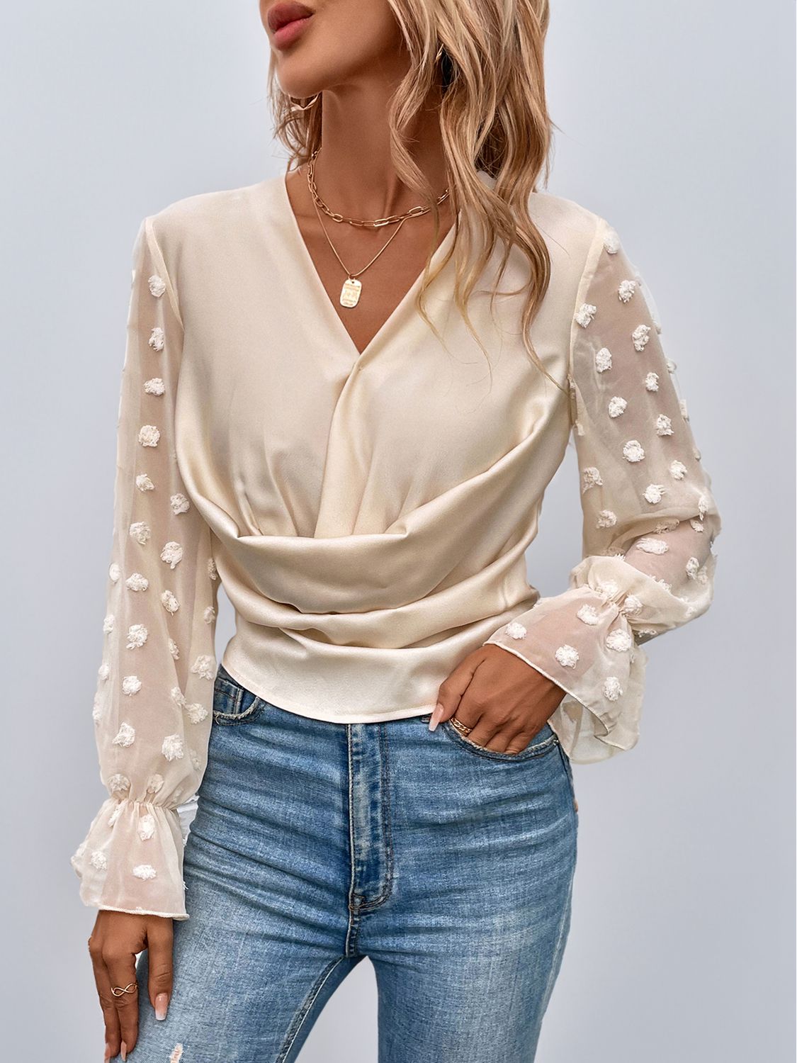 Swiss Dot Flounce Sleeve Blouse