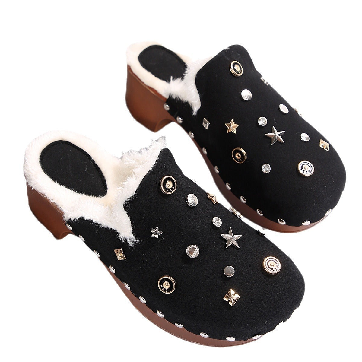 Fleece-lined Cotton Slippers Female Rivet Toe Cap Warm Non-slip