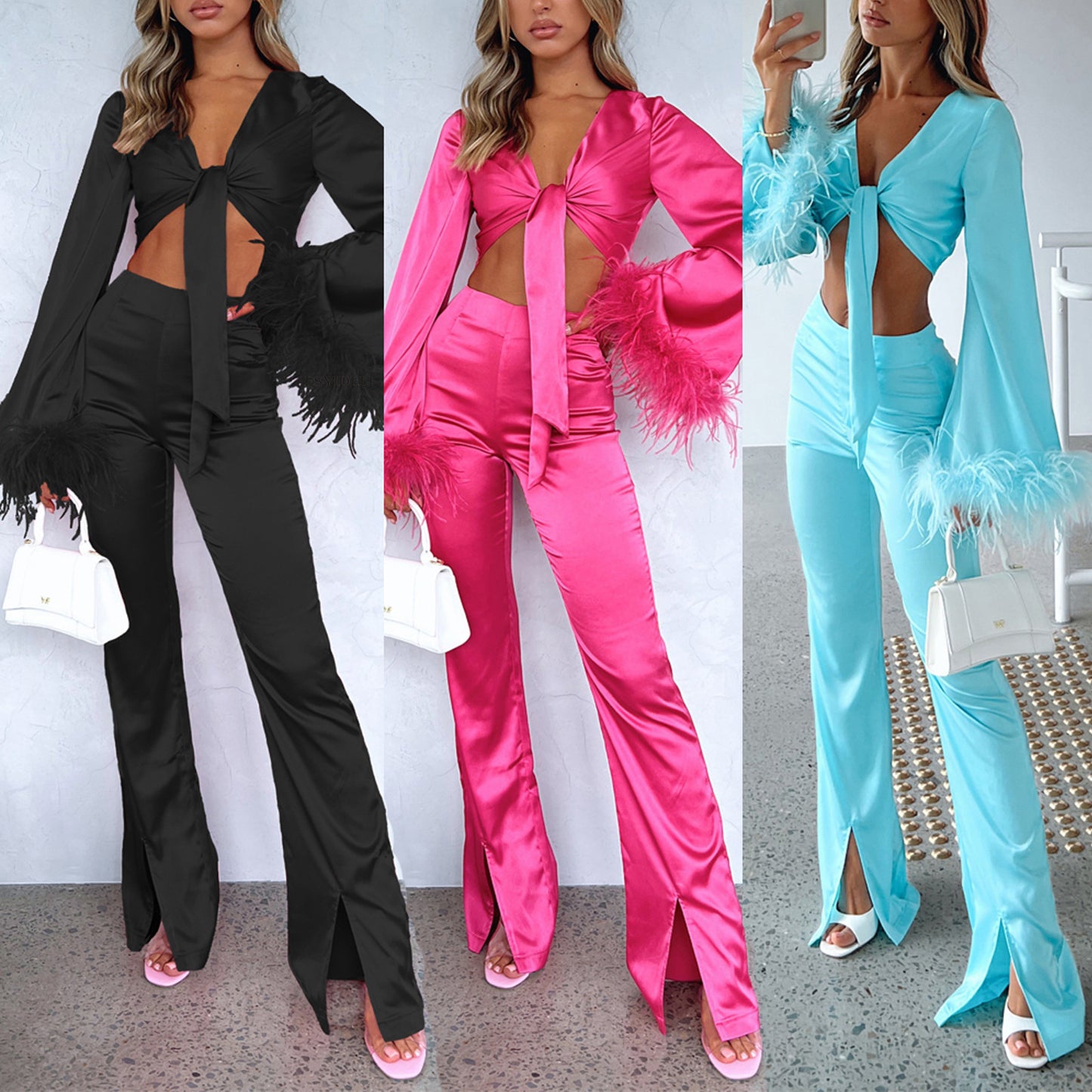 Women's Feather Long Sleeve Furry Stitching Sexy Midriff Outfit Split Trousers Casual Suit