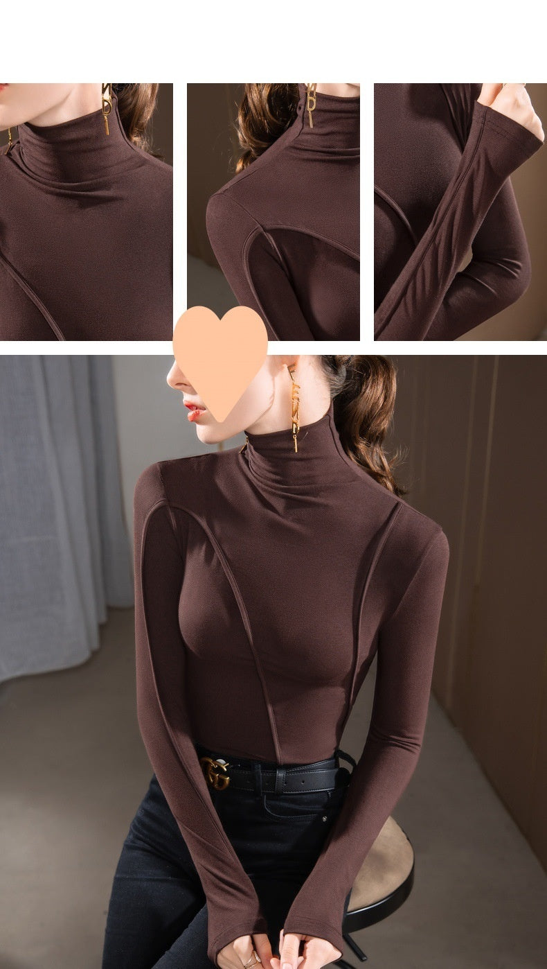 Women's Design Turtleneck Bottoming Shirt Slim Fit Irregular Western Style Inner Wear Stitching Long Sleeve