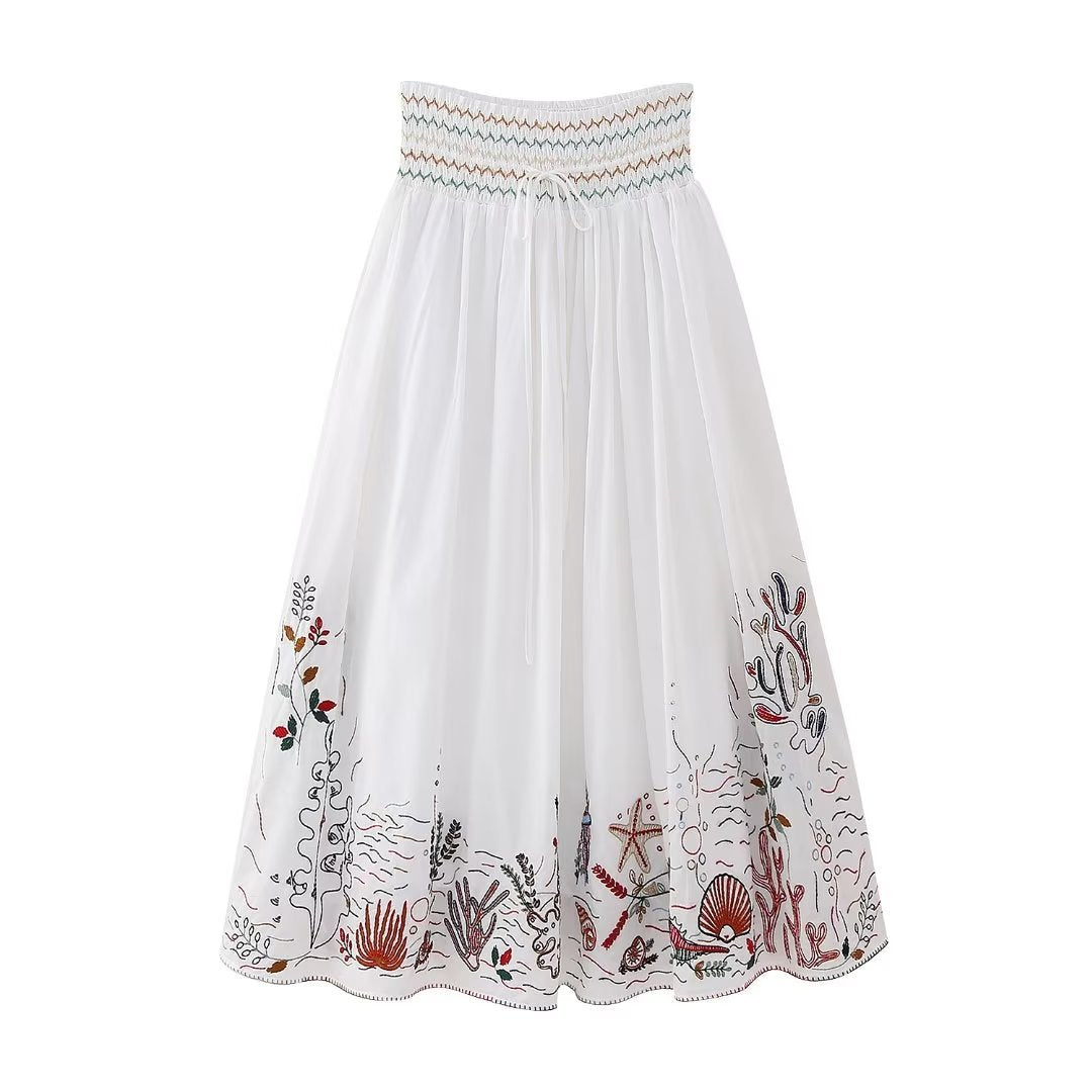 V-neck Embroidery Breasted Shirt High Waist Embroidery Skirt Suit