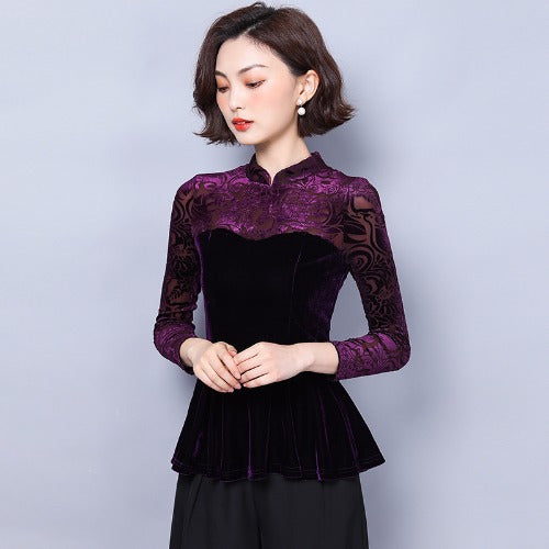 Waisted fashionable foreign style VELVET TOP