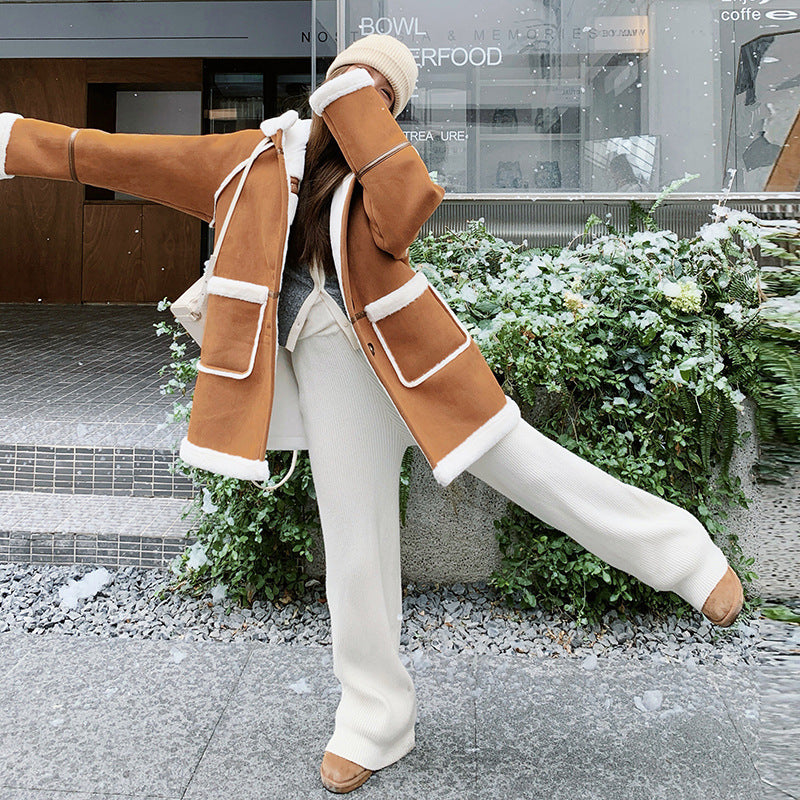 Women's Brown This Year's Popular Lamb Wool Coat