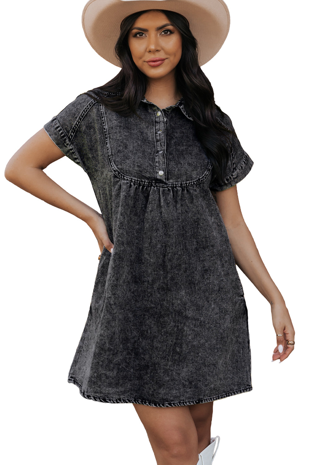 Black Acid Wash Button Front Collared Short Sleeve Denim Dress