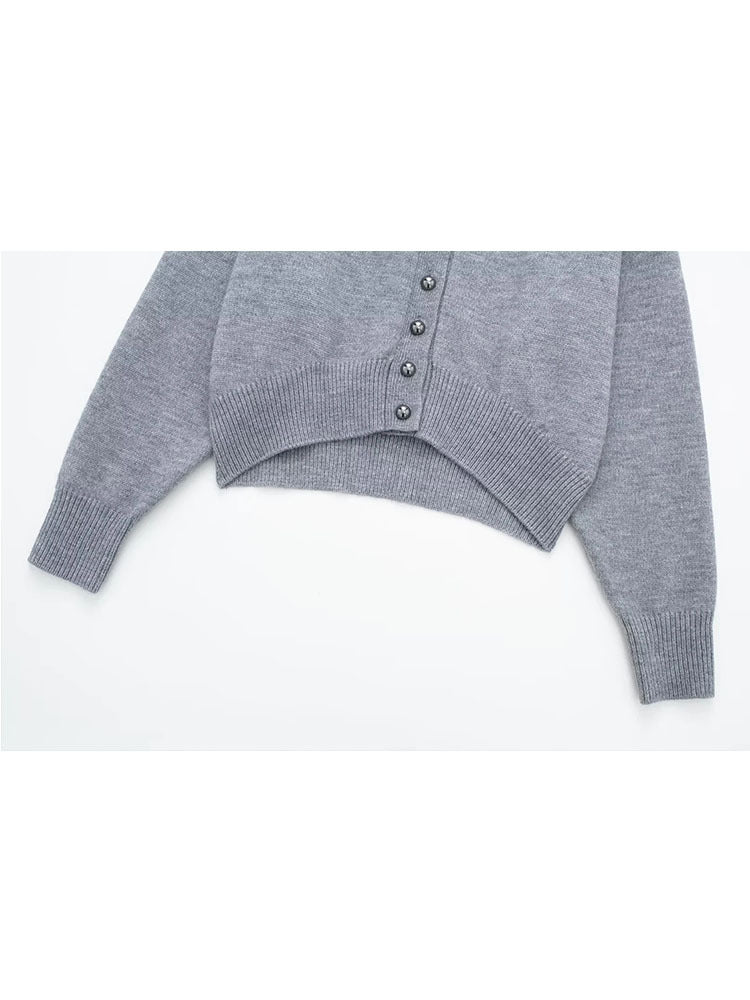 Female Gray High Waist Short Decorated Row Button Knitted Coat