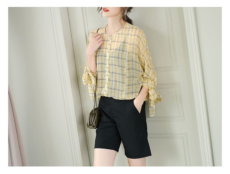 Three-quarter Sleeves Plaid Round Neck Single-breasted Ladies Shirt Chiffon Shirt