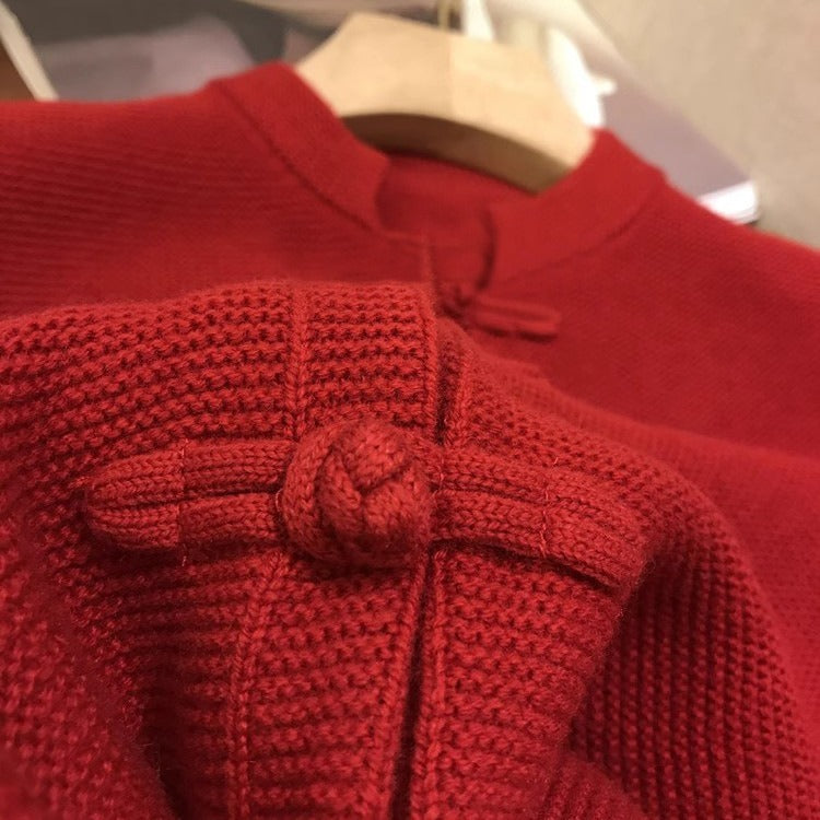 Chinese Red New Chinese Style Buckle Knitted Cardigan Sweater For Women