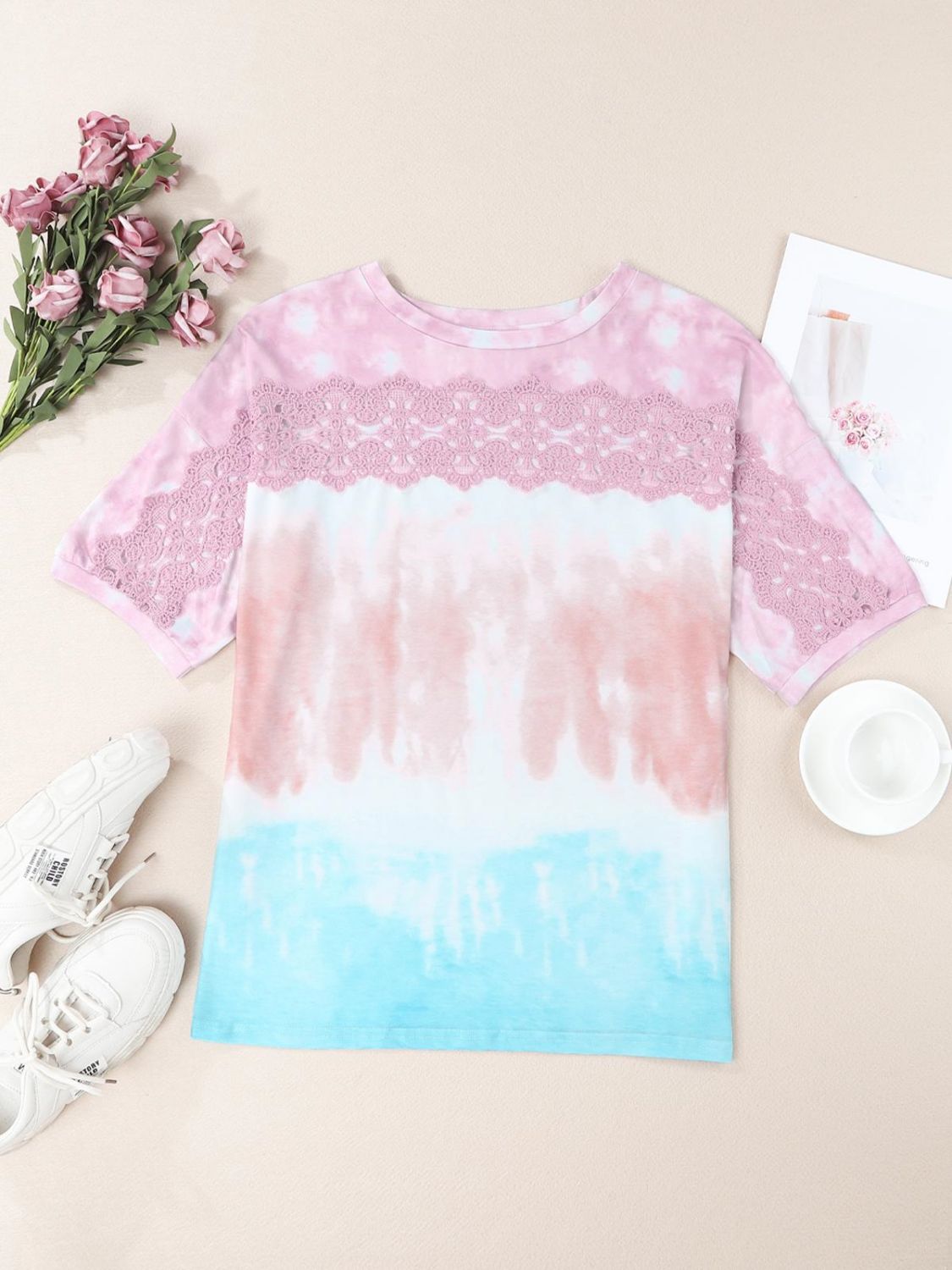 Tie-Dye Lace Trim Round Neck Top