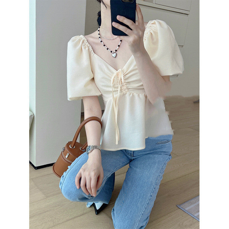 Women's New Square Collar Slim Waist Shirt Short Top