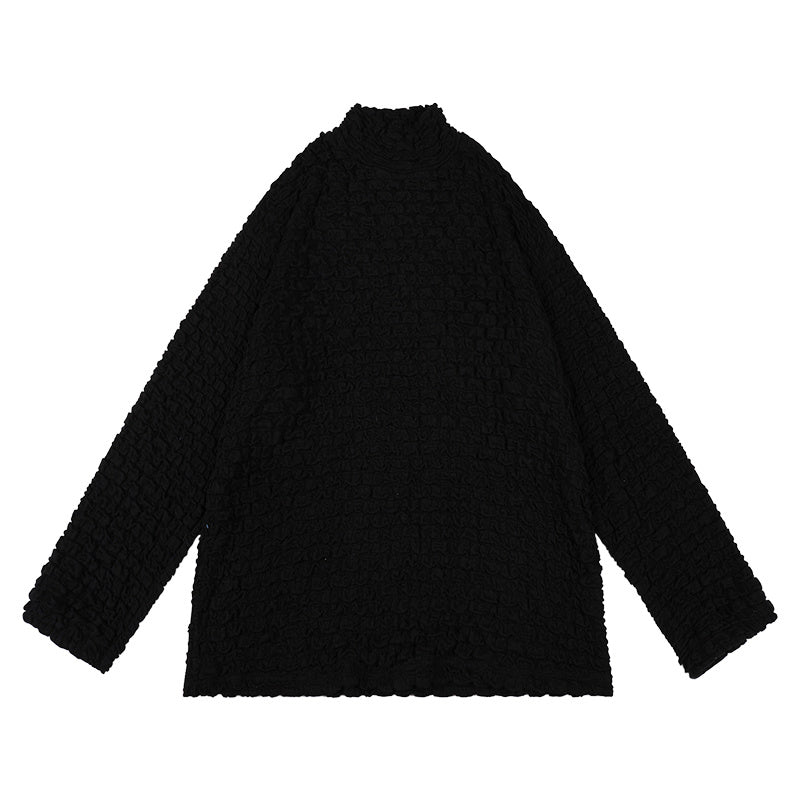 Three-Dimensional Pleated Check Stretch Turtleneck Sweater