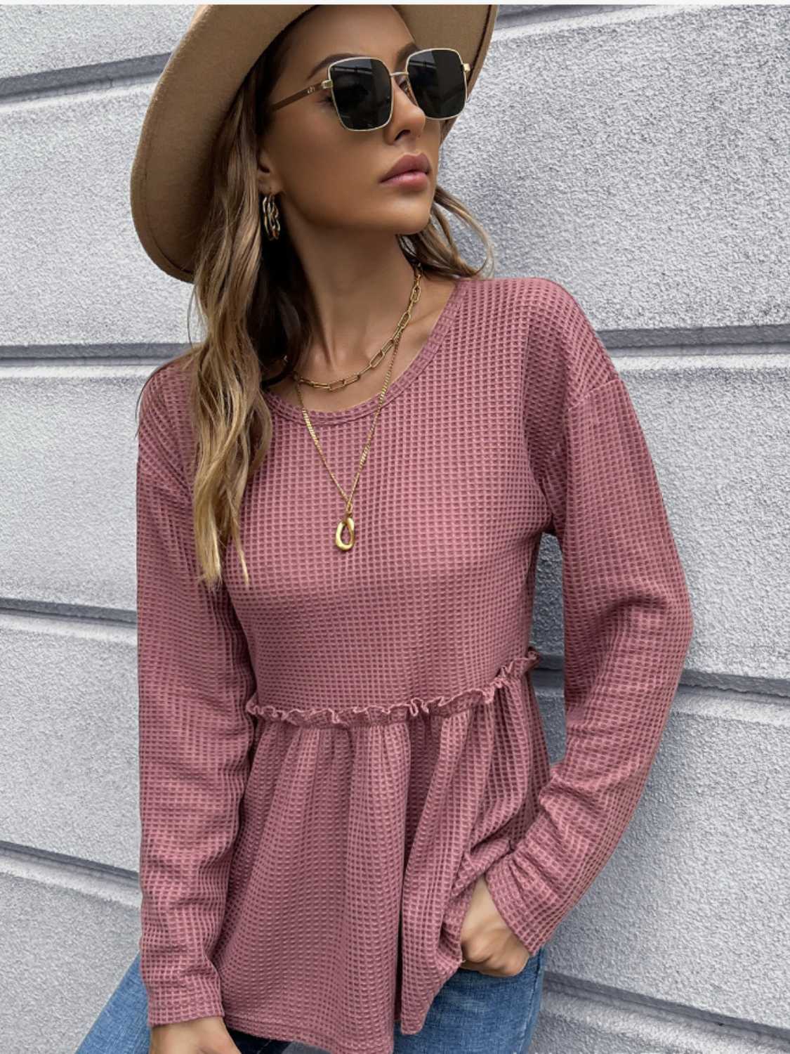 Waffle-Knit Long Sleeve Peplum Blouse