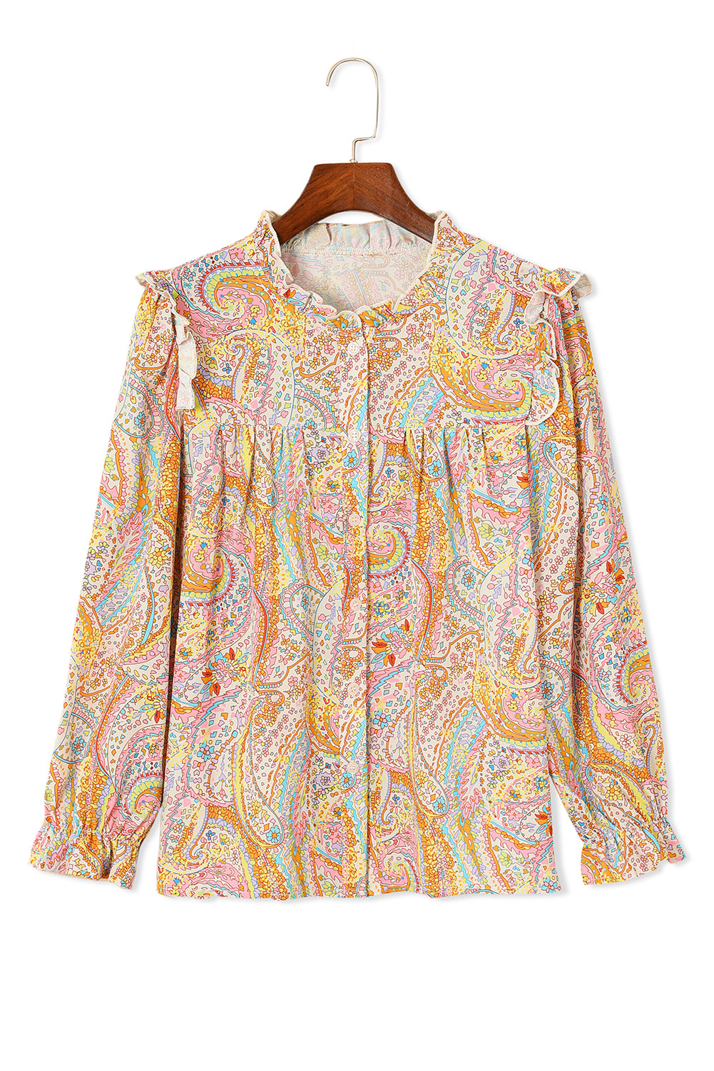 Camisa boho con ribete con volantes y estampado de paisley amarillo