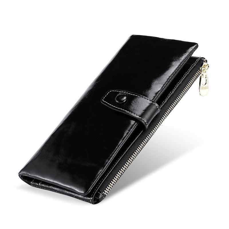 Women's Real Leather Long Multiple Card Slots Hand-held Retro Oil Wax Skin Coin Purse