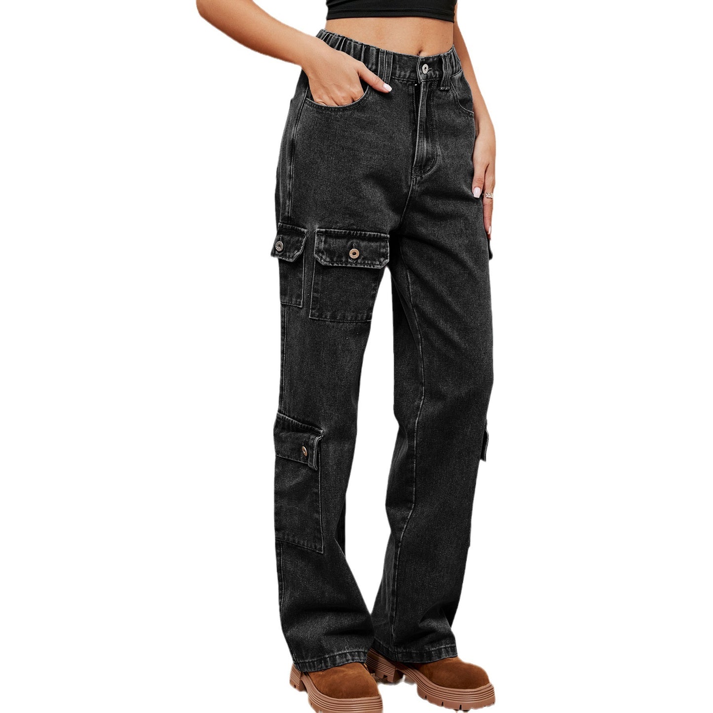 Pantalon décontracté de travail en denim de personnalité de conception semi-élastique lavée américaine