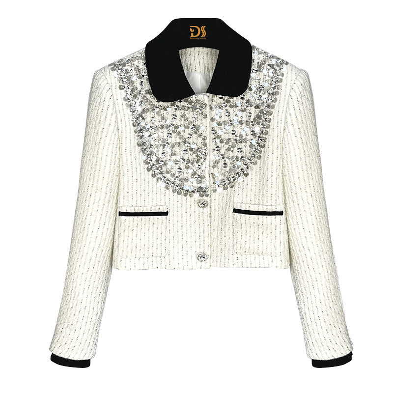 Manteau court Chanel blanc exquis avec strass pour femme