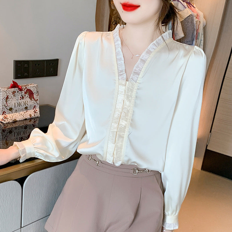 Sweet Wood Ear Chiffon White Shirt Women