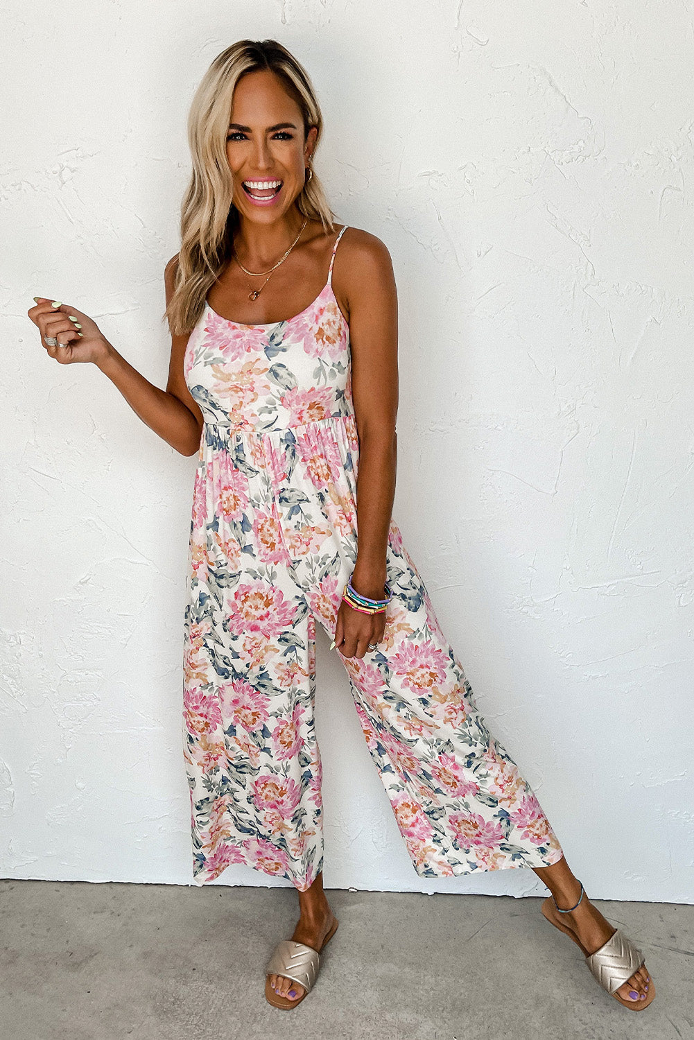 White Floral Spaghetti Straps Wide Leg Jumpsuit