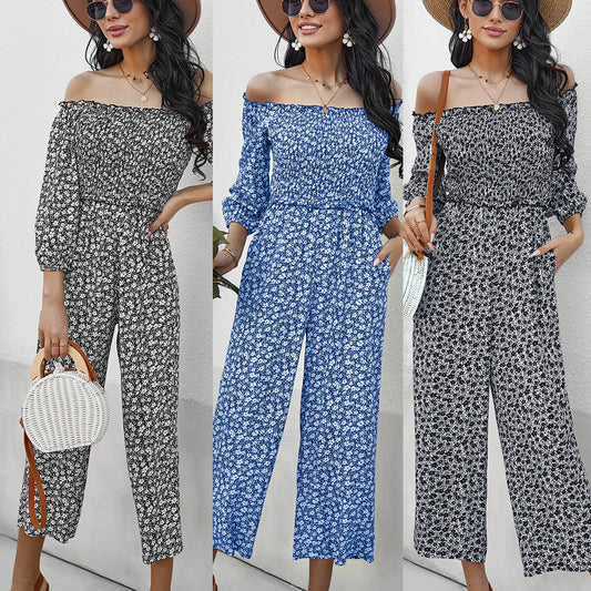 Wide Leg Pants Print Jumpsuit One Shoulder Top