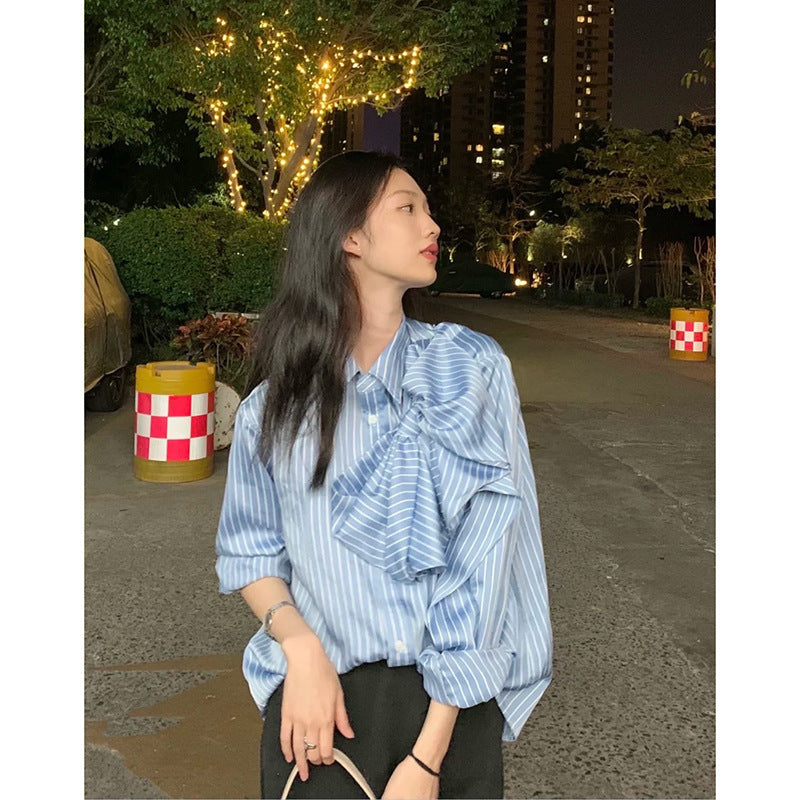 Casual Blue Striped Shirts For Women Lapel Long Sleeve Korean Bowknot Patchwork Blouses