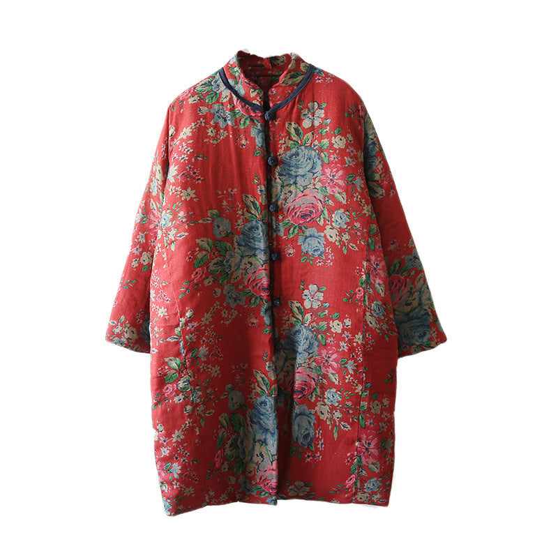 Winter Cotton And Linen Women Retro Art Floral Print Cotton Clothing Cotton Coat