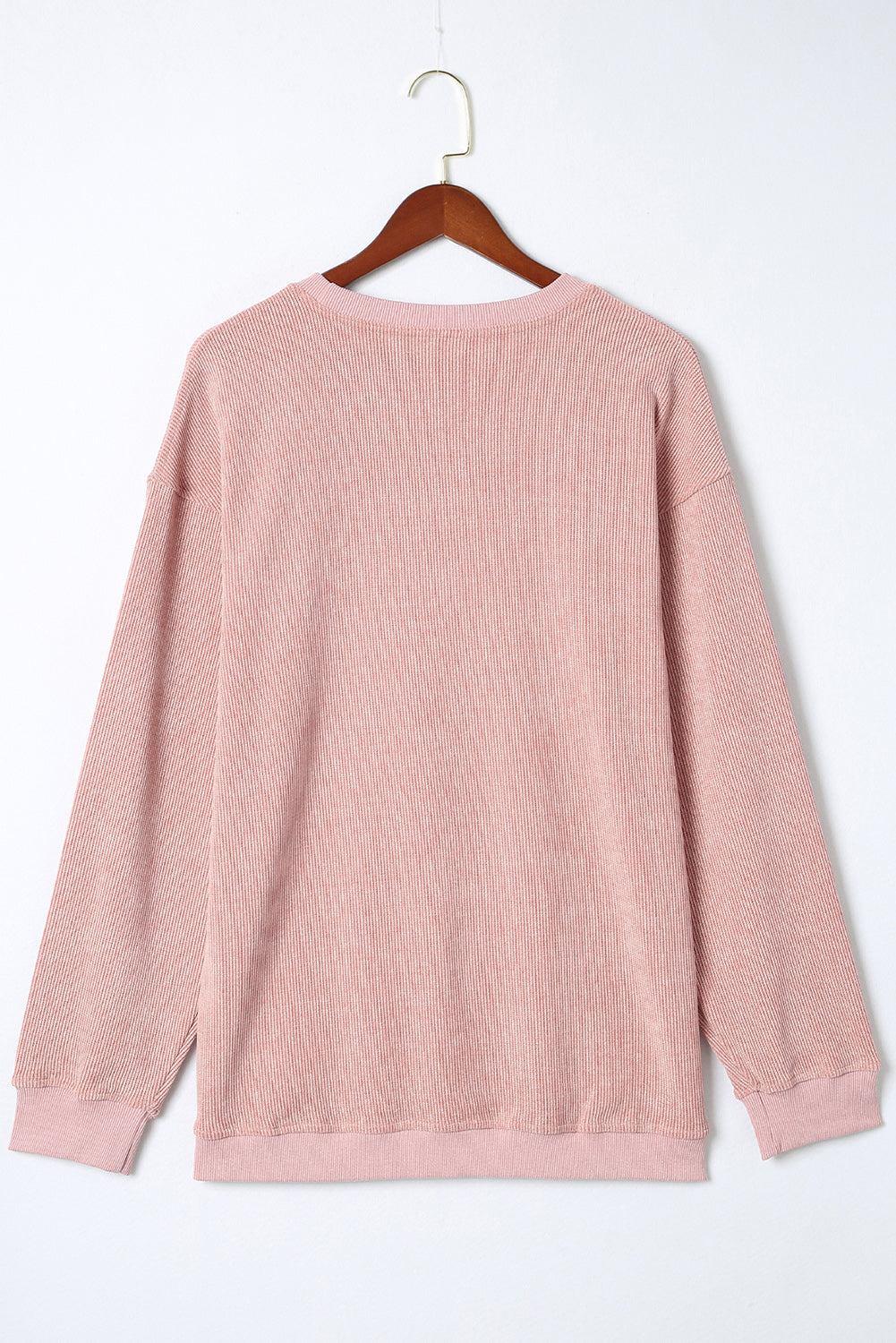 Sweat-shirt rose uni en tricot côtelé à col rond