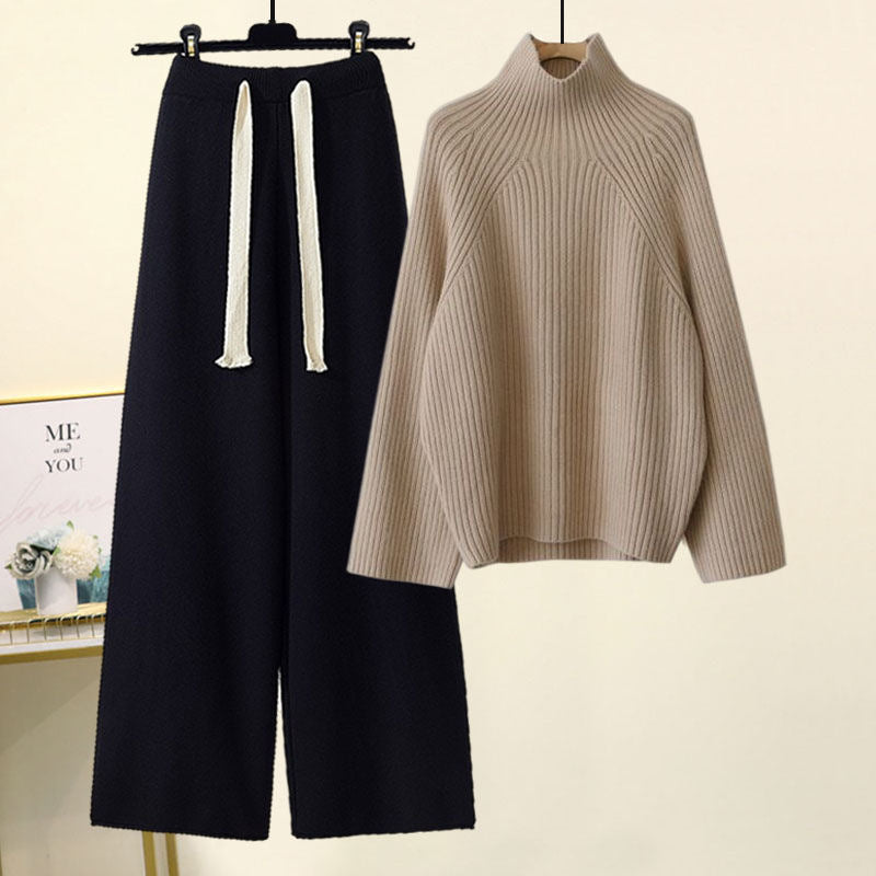 Thickened Coarse Yarn Knitwear Wide Leg Pants Two-piece Set