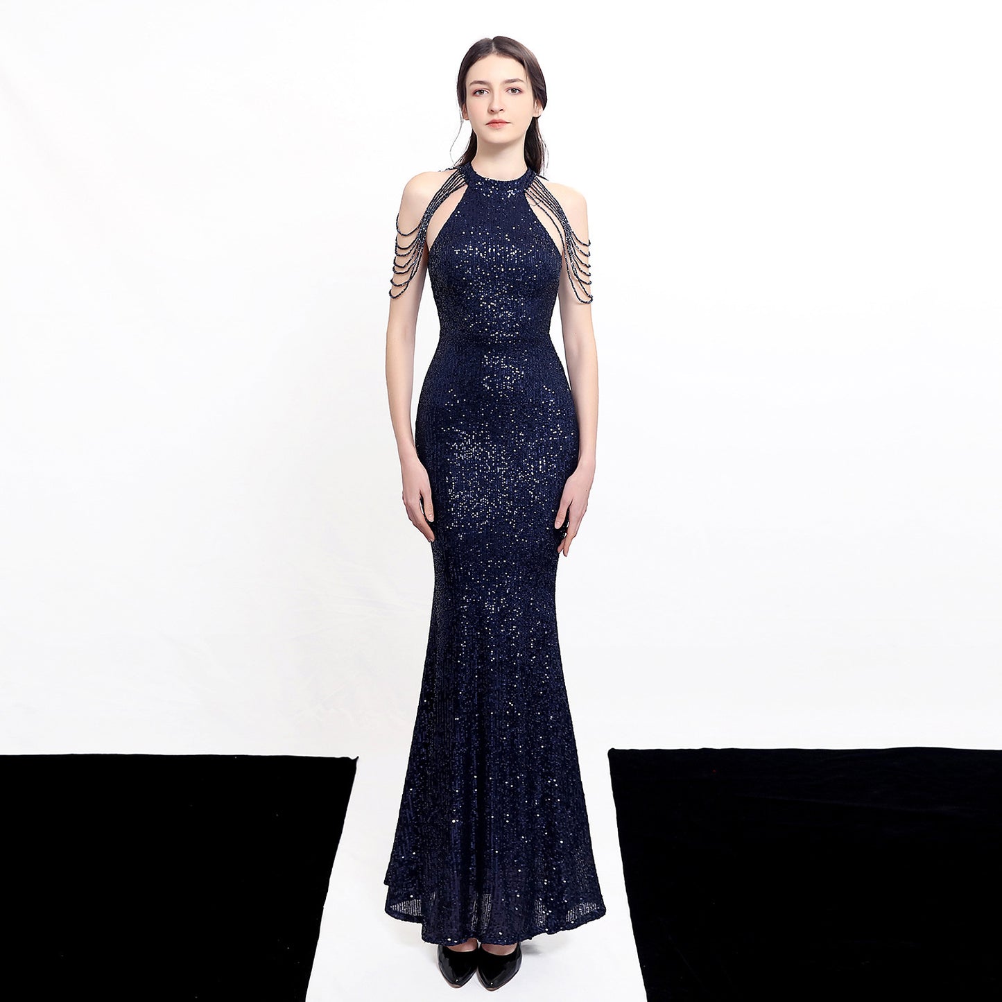 Banquet Temperament Elegant Long Halter Set Diamond Sequined Aura Queen Fishtail Evening Dress