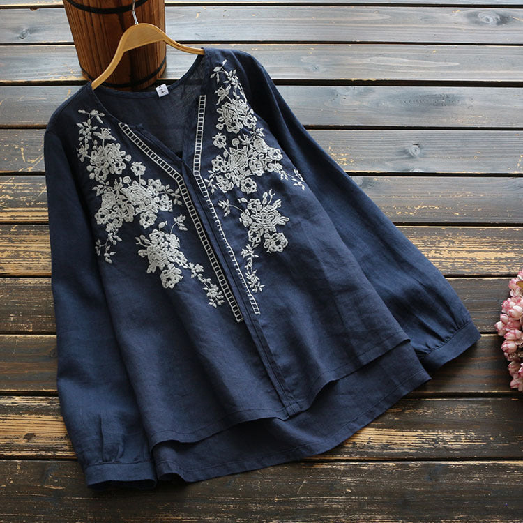 V-Neck T-Shirt Vintage Long Sleeve Pullover Embroidered Blouse