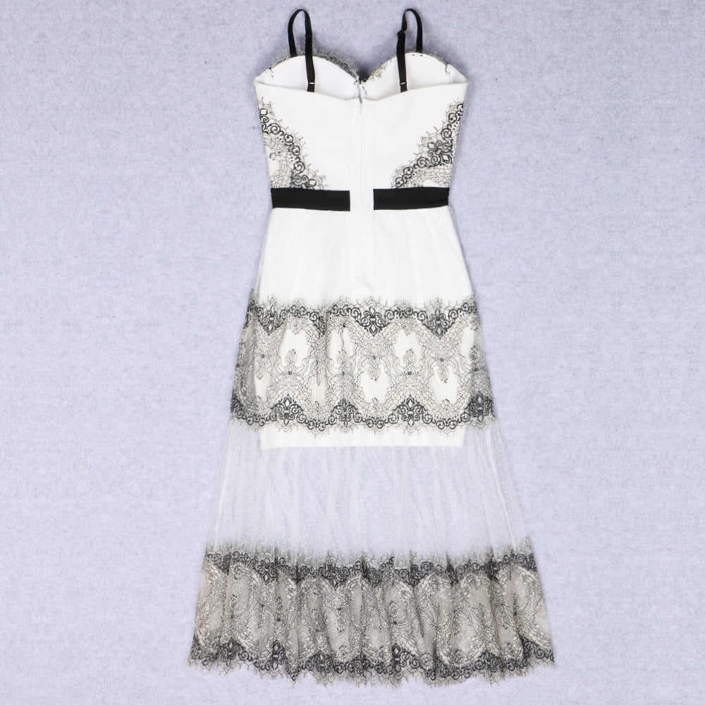 White Suspender Tube Top Lace Mesh Bandage One-piece Dress