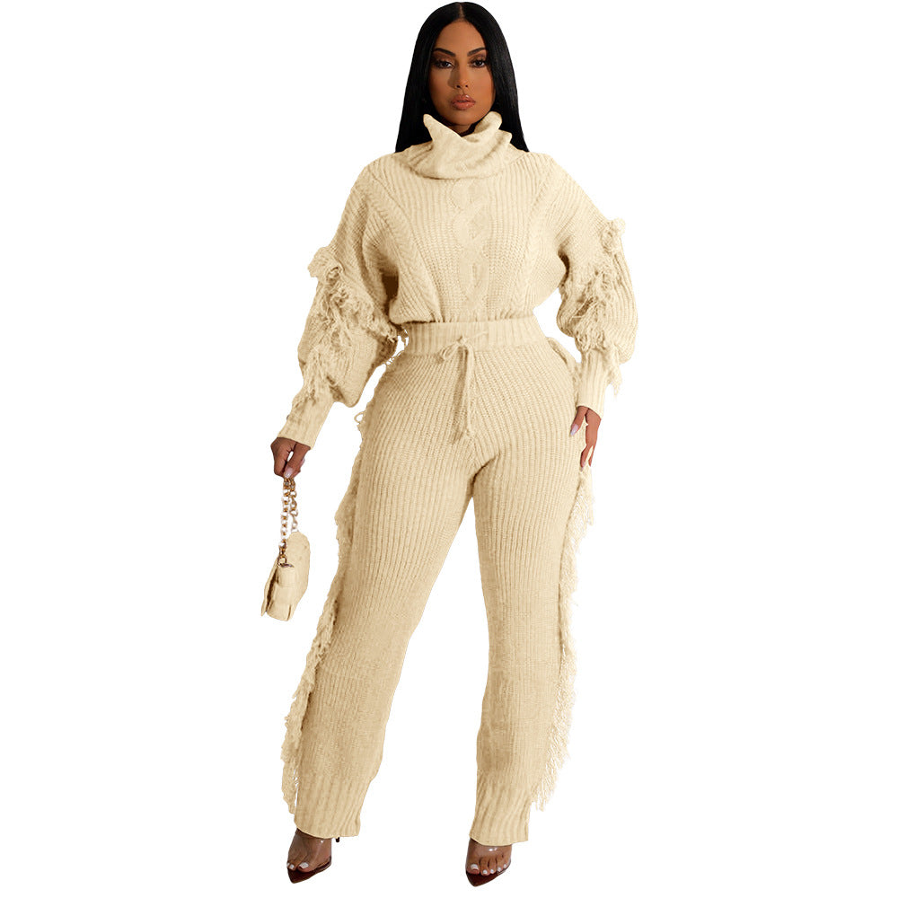 Casual Solid Color Knitted Long Sleeve Turtleneck Tassel Suit