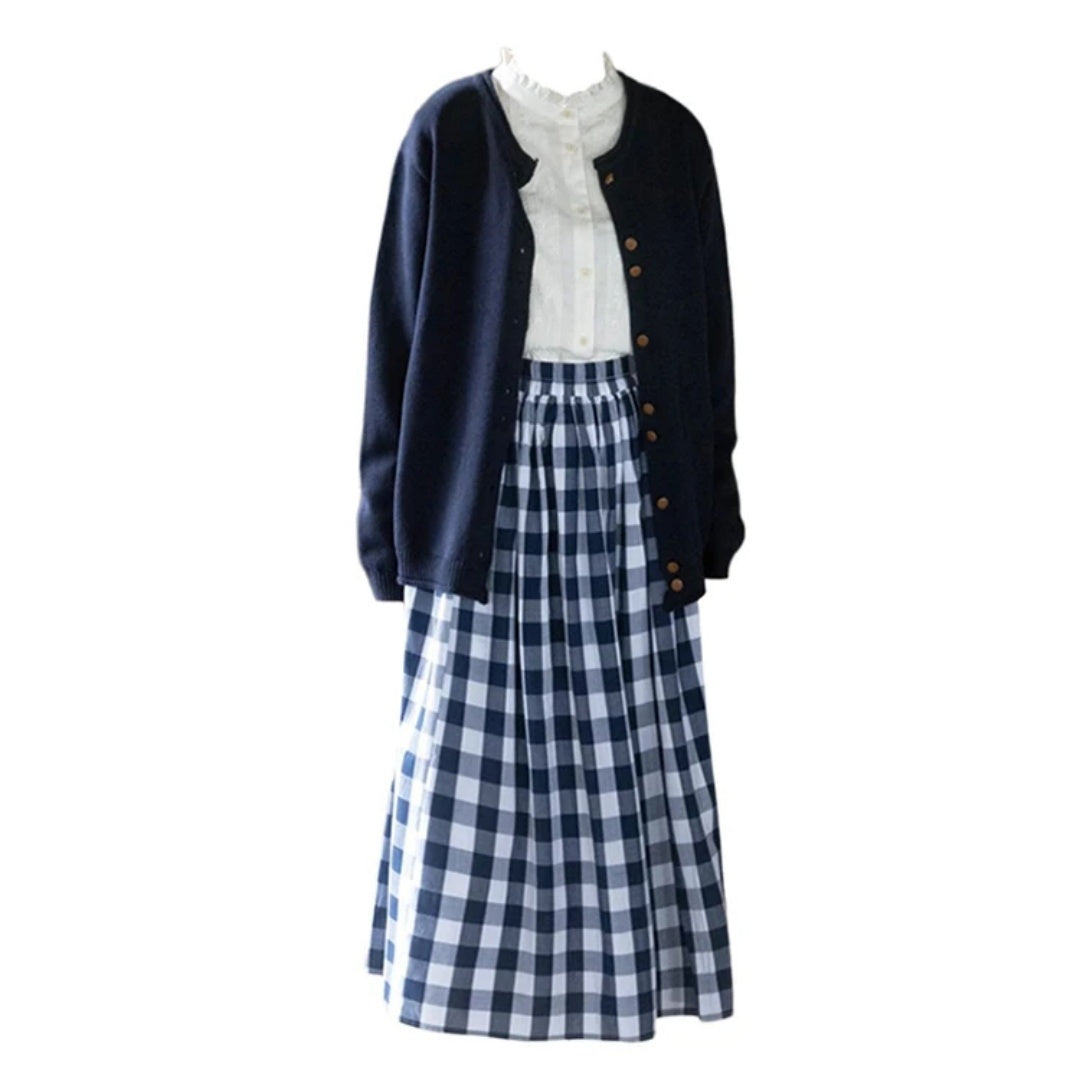 Women's Autumn Fashion Preppy Style Plaid Skirt Three-piece Set