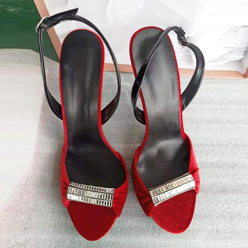 Sandales européennes et américaines à talons super hauts avec strass en velours noir et rouge