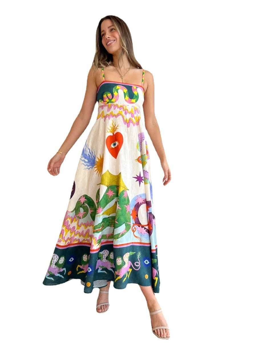 Women's Fashion Printed Loose Casual Sleeveless Sling Large Swing Maxi Dress Women