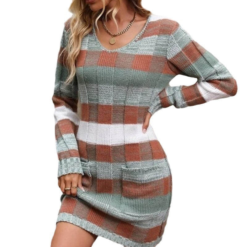 V-neck Color-block Double Pocket Knitted Slim Fit Sweater Dress