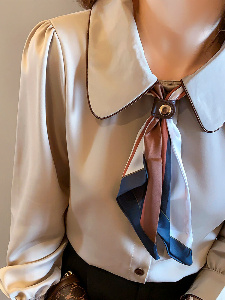 Doll Collar Silk Scarf Bow Tie Long Sleeve Shirt