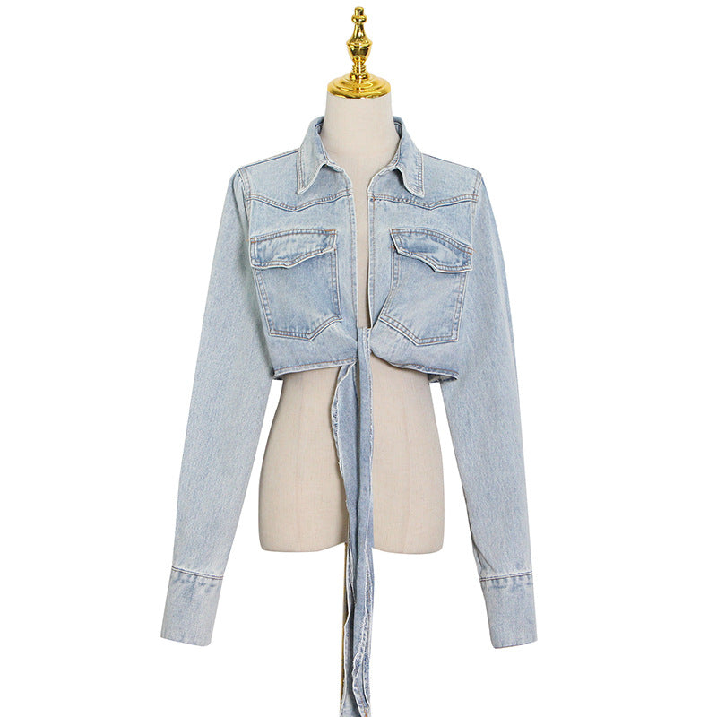 Cropped Cropped Denim Jacket With Tie At The Chest