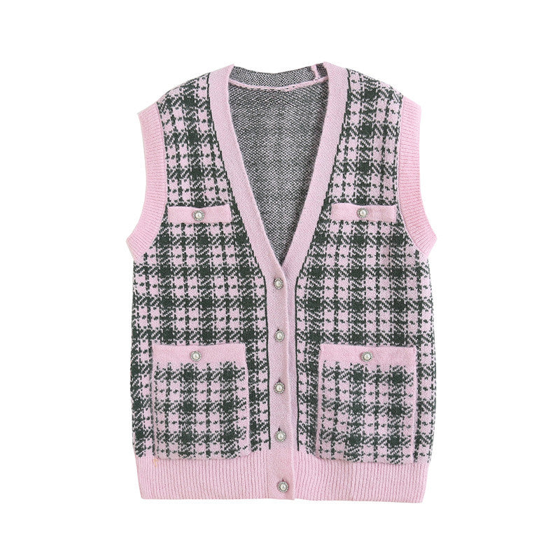 Cardigan tricoté à carreaux pour femmes, col en v