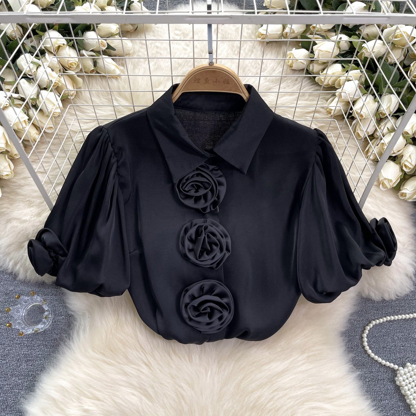 Three-dimensional Flower Puff Sleeve 1 French Satin Top