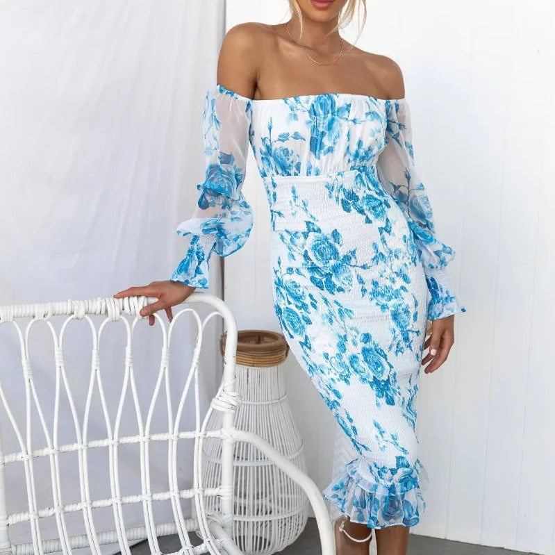 Women's Fashion Printed Tube Top Off-neck Dress