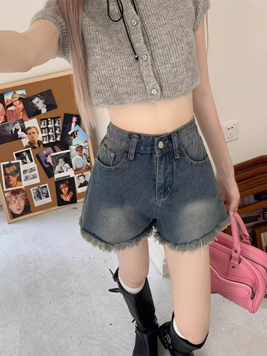 Short en Denim à franges de Style américain, amincissant et à jambes larges, taille haute, ample