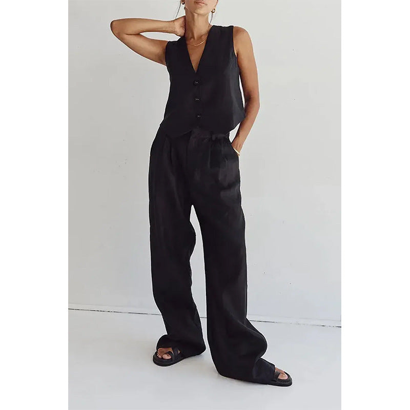 Cotton Linen Vest Wide Leg Pants Fashion Suit