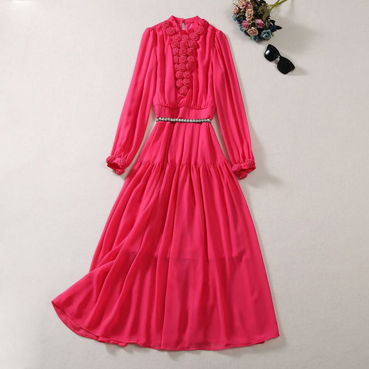 Chiffon Big Swing Long Skirt Long Sleeve Three-dimensional Plate Flower Rhinestone Belt Dress