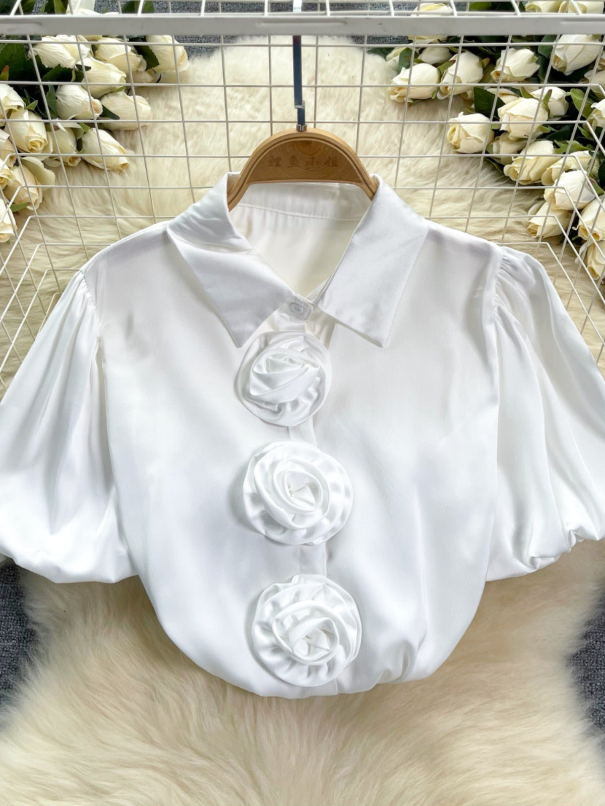 Three-dimensional Flower Puff Sleeve 1 French Satin Top