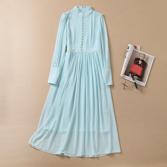 Wooden Ear Collar Bag Buckle Decorative Chiffon Big Swing Long Sleeve Dress